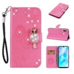 Owl Imprint Rhinestone Decor Leather Phone Cover Case for Huawei Y6p – Rose