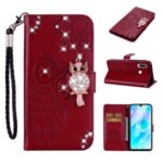 Owl Imprint Rhinestone Decor Leather Phone Cover Case for Huawei Y6p – Red