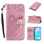 Owl Imprint Rhinestone Decor Leather Phone Cover Case for Huawei Y6p – Rose Gold