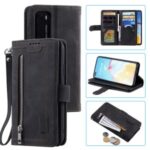 Zipper Wallet with 9 Card Slots Leather Case with Strap for Huawei P40 – Black