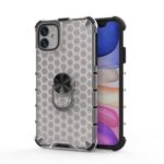 Finger Ring Kickstand Honeycomb Pattern TPU + PC Combo Back Case for iPhone 11 6.1 inch – White