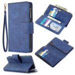 BF02 Silky Touch Skin 9 Card Slots Leather Stand Phone Case with Zipper Pocket for Samsung Galaxy M10 / A10 – Blue