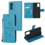 Imprint Butterfly Flowers Leather Wallet Phone Cover for Samsung Galaxy Note 20 – Blue