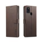 LC.IMEEKE Wallet Stand Leather Shell Mobile Phone Cover for Samsung Galaxy A21s – Coffee