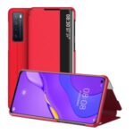 View Window Leather Cover Stand Protective Case for Huawei nova 7 5G / Honor 30 – Red