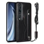 Genuine Leather Coated TPU Phone Case with Handy Strap Card Holder Lanyard for Xiaomi Mi 10 Pro – Black
