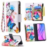 BF03 Pattern Printing Zipper Wallet Leather Phone Cover for Xiaomi Redmi 9 – Blue and White Butterfly