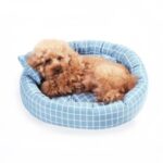 TG-PB066 Grid Pattern Round Pet Dog Cat Bed Soft Plush Round Pet Bed with Pillow – Blue