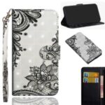 Light Spot Decor Pattern Printing Wallet Stand Leather Shell with Strap for iPhone 12 Pro/12 Max 6.1 inch – Lace Flower