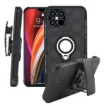 Geometric Pattern TPU PC Hybrid Shell with Magnetic Car Mount Ring Holder and Belt Clip for iPhone 12 Pro Max 6.7 inch – Black
