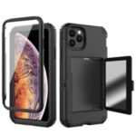 Heavy Duty 3 in 1 PC+TPU Hybrid Shockproof Case with Card Holder Mirror for iPhone 11 Pro 5.8 inch – Black