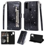 Flash Powder Zipper Pocket Wallet Flip Leather Phone Cover with Strap for Samsung Galaxy A21s – Black