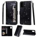 Flash Powder Zipper Pocket Wallet Flip Leather Phone Shell with Strap for Samsung Galaxy A31 – Black