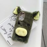 Rhinestone Decor Piggy Shape Shell Fluffy Fur Coated TPU Cover for Samsung Galaxy Note20 Ultra/Note20 Ultra 5G – Army Green