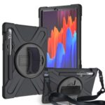For Samsung Galaxy Tab S7 T870/T875 360° Swivel Kickstand Handy Strap PC + Silicone Combo Tablet Case with Shoulder Strap – Black