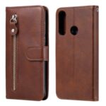 Zipper Pocket Leather Wallet Case for Huawei Y6p – Brown