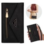 Multiple Card Slots Zipper Wallet Leather Shell with Short/Long Strap for Huawei P40 Pro – Black
