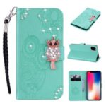 Owl Imprint Rhinestone Decor Leather Phone Cover for iPhone 12 Max/12 Pro 6.1 inch – Green