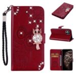 Owl Imprint Rhinestone Decor Leather Phone Case for iPhone 12 Pro Max 6.7 inch – Red