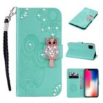 Owl Imprint Rhinestone Decor Leather Phone Shell for iPhone 12 5.4 inch – Green