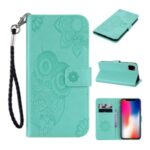 Imprint Owl Flower Leather Wallet Stand Shell for iPhone 12 5.4-inch – Cyan