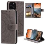 Imprinted Mandala Flower Wallet Leather Flip Cover with Strap for iPhone 12 Pro Max 6.7 inch – Grey