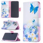 Hot Style Pattern Printing Leather Wallet Case for iPhone 12 Pro Max 6.7 inch – Blue Butterfly and Flowers