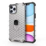 Honeycomb Pattern TPU + PC Hybrid Cover with Finger Ring Kickstand for iPhone 12 Pro Max 6.7 inch – White