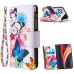 BF03 Pattern Printing Zipper Wallet Leather Phone Shell for iPhone 12 Pro/12 Max 6.1 inch – Blue and White Butterfly