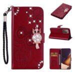 Rhinestone Decor Imprint Owl Flower Leather Wallet Stand Shell for Samsung Galaxy Note20 Ultra 5G / Galaxy Note20 Ultra – Red