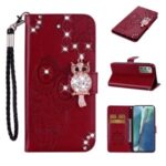 Rhinestone Decor Imprint Owl Flower Leather Wallet Stand Case for Samsung Galaxy Note 20 5G / Galaxy Note 20 – Red