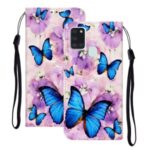 Embossed Patterned Wallet Flip Leather Case with Strap for Samsung Galaxy A21s – Blue Butterflies