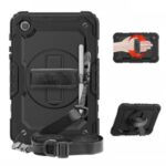 For Samsung Galaxy Tab A 8.4 (2020) T307 [Built-in Handy Strap] 360° Swivel Kickstand PC + Silicone Tablet Combo Shell with Shoulder Strap   – All Black