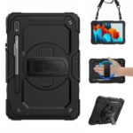 For Samsung Galaxy Tab S7 [Built-in Hand Holder Strap] 360° Swivel Kickstand PC + Silicone Tablet Hybrid Shell with Shoulder Strap and Pen Slot – All Black