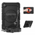 For Samsung Galaxy Tab S6 Lite/P610 [Built-in Handy Strap] 360° Swivel Kickstand PC + Silicone Tablet Combo Shell with Shoulder Strap – All Black