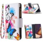 BF03 Pattern Printing Zipper Wallet Leather Phone Case for Samsung Galaxy Note20 Ultra/Note20 Ultra 5G – Blue and White Butterfly