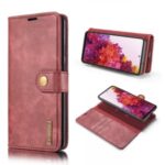 DG.MING Detachable 2-in-1 Split Leather Wallet Shell + PC Back Case for Samsung Galaxy S20 FE – Wine Red