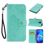 Imprint Owl Flower Leather Wallet Stand Shell for Xiaomi Redmi Note 9 – Cyan
