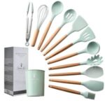 Green Silicone Utensils Set Spatula Soup Spoon Non-stick Shovel Oil Brush with Wood Handle Kitchen Tool – 11Pcs/Set