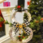 Christmas Wreath LED String Lights Snowman Christmas Garland Rattan Door Xmas Tree Decoration-Black – Black/White