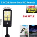 LED Solar Street Light 3 Modes Remote Garden Lamp IP67 Waterproof Motion Sensor Outdoor Lighting – L Size/6 COB