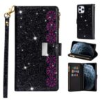 Glittery Starry Style Laser Carving Zipper Leather Case for iPhone 12 Max/12 Pro 6.1 inch – Black