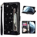 Flash Powder Zipper Pocket Wallet Flip Leather Phone Case with Strap for iPhone 12 Pro Max 6.7 inch – Black