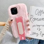 Solid Color Handy Strap Fur Coated TPU Phone Shell for iPhone 12 Pro Max 6.7 inch – Pink
