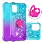 Shockproof Gradient Quicksand TPU Case for iPhone 12/12 Pro with Kickstand Cover – Cyan / Purple