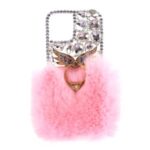 Fluffy Fur Bling 3D Rhinestone TPU Case with Wing Ring Holder for iPhone 12 mini – Pink
