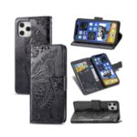 ENKAY PUC020 Imprint Butterfly Flower TPU Leather Cover with Wallet Stand for iPhone 12 Pro Max – Black