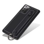TPU+Genuine Leather Phone Case Shell with Strap Kickstand for Samsung Galaxy Note 20 5G / Galaxy Note 20 – Black