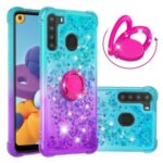 TPU Quicksand Case for Samsung Galaxy A21 (US Version) Shockproof Gradient Kickstand Shell – Cyan / Purple