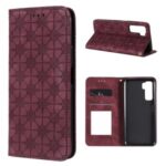 Imprint Lucky Flower Auto-absorbed Card Slots Leather Case for Huawei P40 Lite 5G/Nova 7 SE – Wine Red